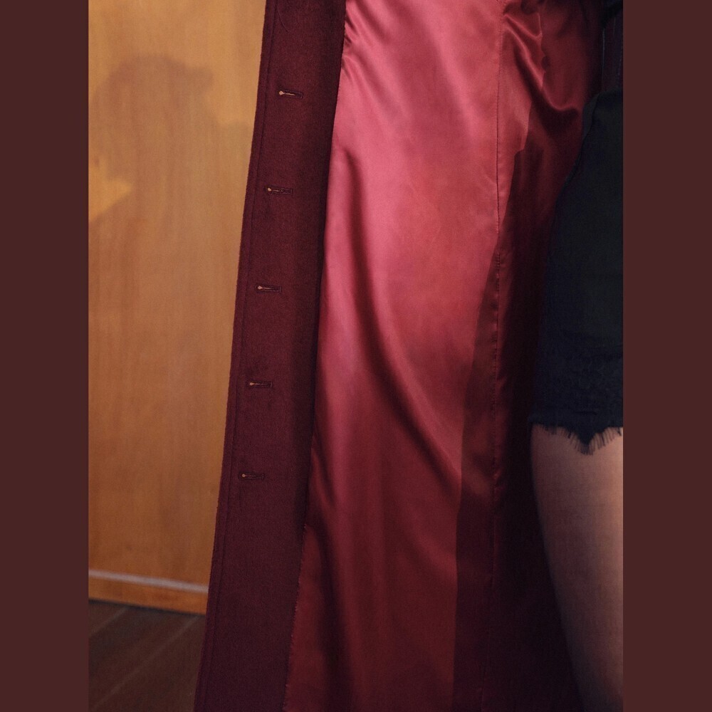 Burgundy Button Front Notch Lapel Long Overcoat - Picture 6 of 6